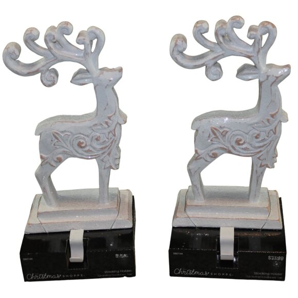 Christmas Shoppe Reindeer Stocking Holder Hanger Set of 2 White Hobby Lobby NEW - Picture 1 of 7